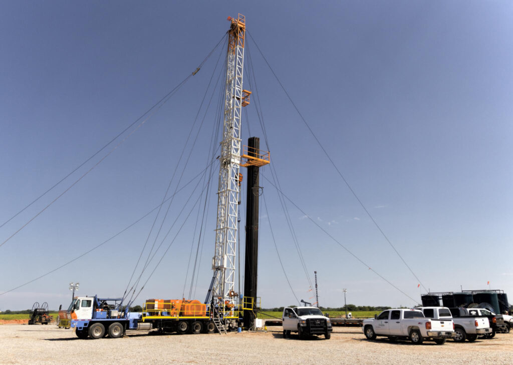 A workover rig at an oil well site in Oklahoma